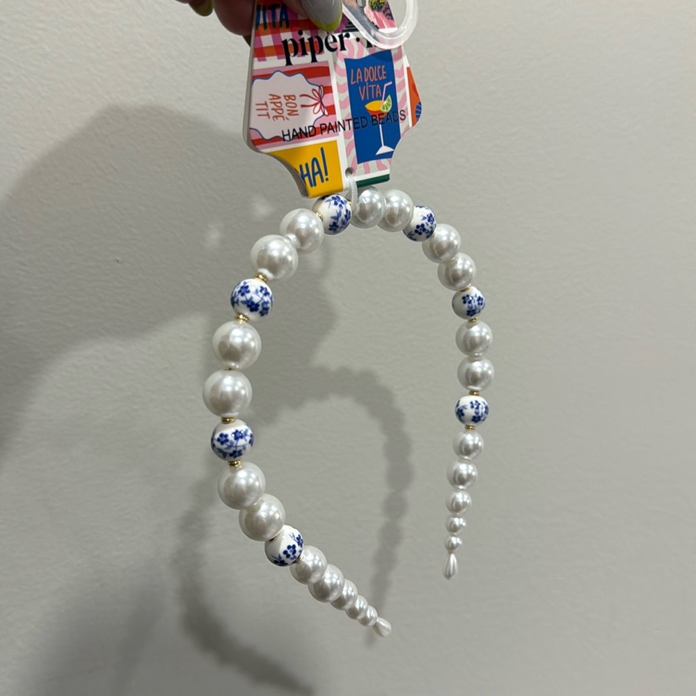 Piper White Pearl Headband with Blue Floral Beads